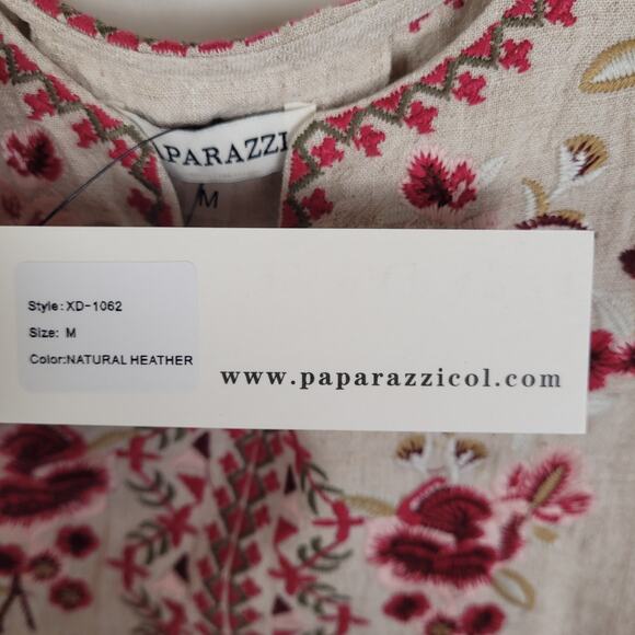 New Paparazzi tan floral embroidered linen sleeveless dress size M boho resort - Picture 5 of 8
